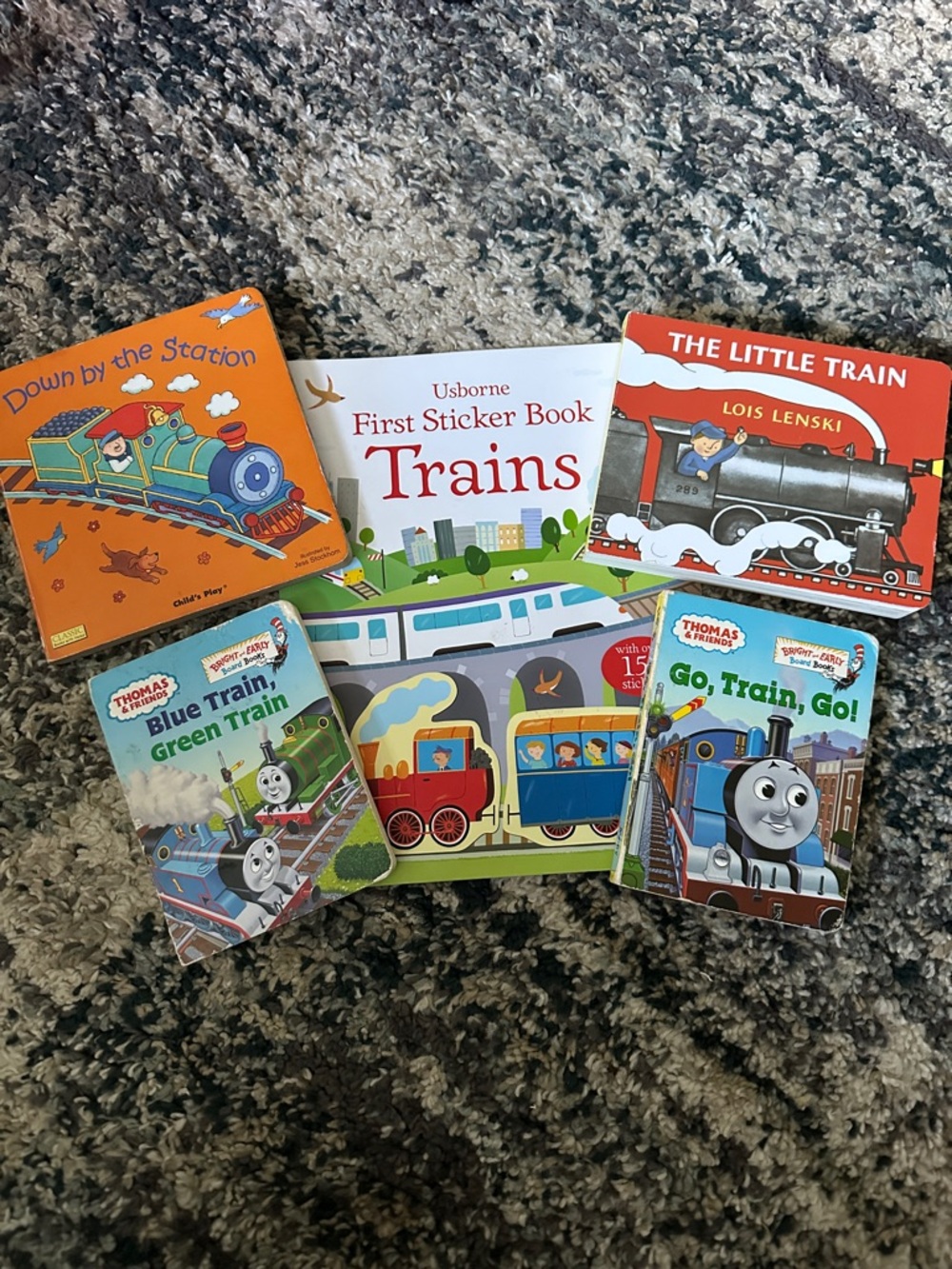Usborne train sticker book, lot of train board books.